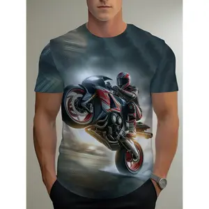Men's Motorcycle Pattern T-Shirt- Dynamic Racing Design, Red and White Accessories, Breathable Short Sleeve, Suitable for Casual Summer Wear, Perfect for Motorcycle Enthusiasts, Motorcycle Riding Gear, PLUS SIZE