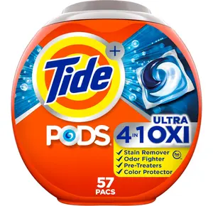 Tide 4-n-1 Ultra Oxi PODS Laundry Detergent Pacs, 57 Count, HE Compatible, Built in Pre-treater for Stains