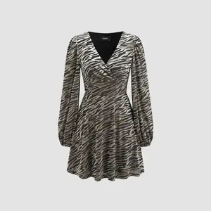Cider [2 colors, size 0-26] Velvet V-neck Zebra Stripe Mini Dress