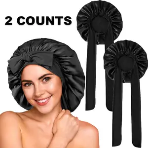 2 Pieces Satin Bonnet Silk Bonnet for Sleeping  Ajustable Satin Bonnet for Women Men Night Cap for Curly Natural Hair with Tie Band