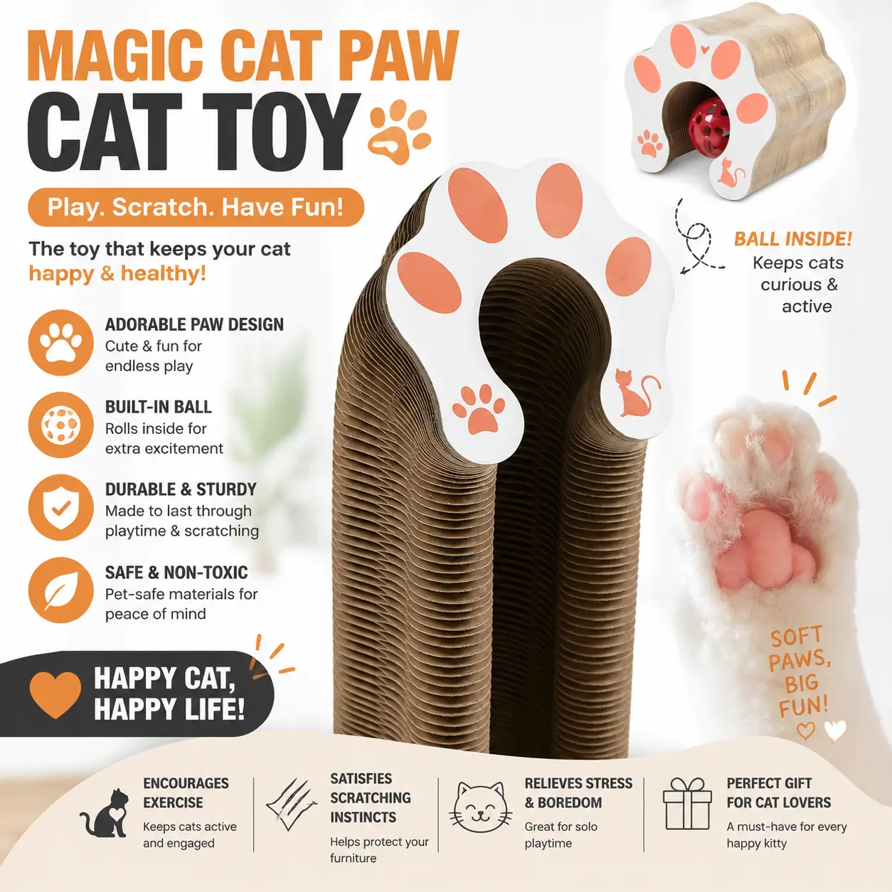 Foldable Accordion Cat Scratch Board - Wood Grain Recycled Cardboard Scratcher, Durable Anti-Shedding Interactive Toy for Cat Claw Maintenance, Interactive Toys