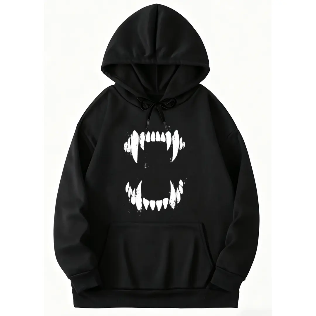 Men’s Long Sleeve Hoodie with Retro Gothic Vampire Werewolf Fang Print – Perfect for Halloween, Costume Parties, and Themed Roleplay Events