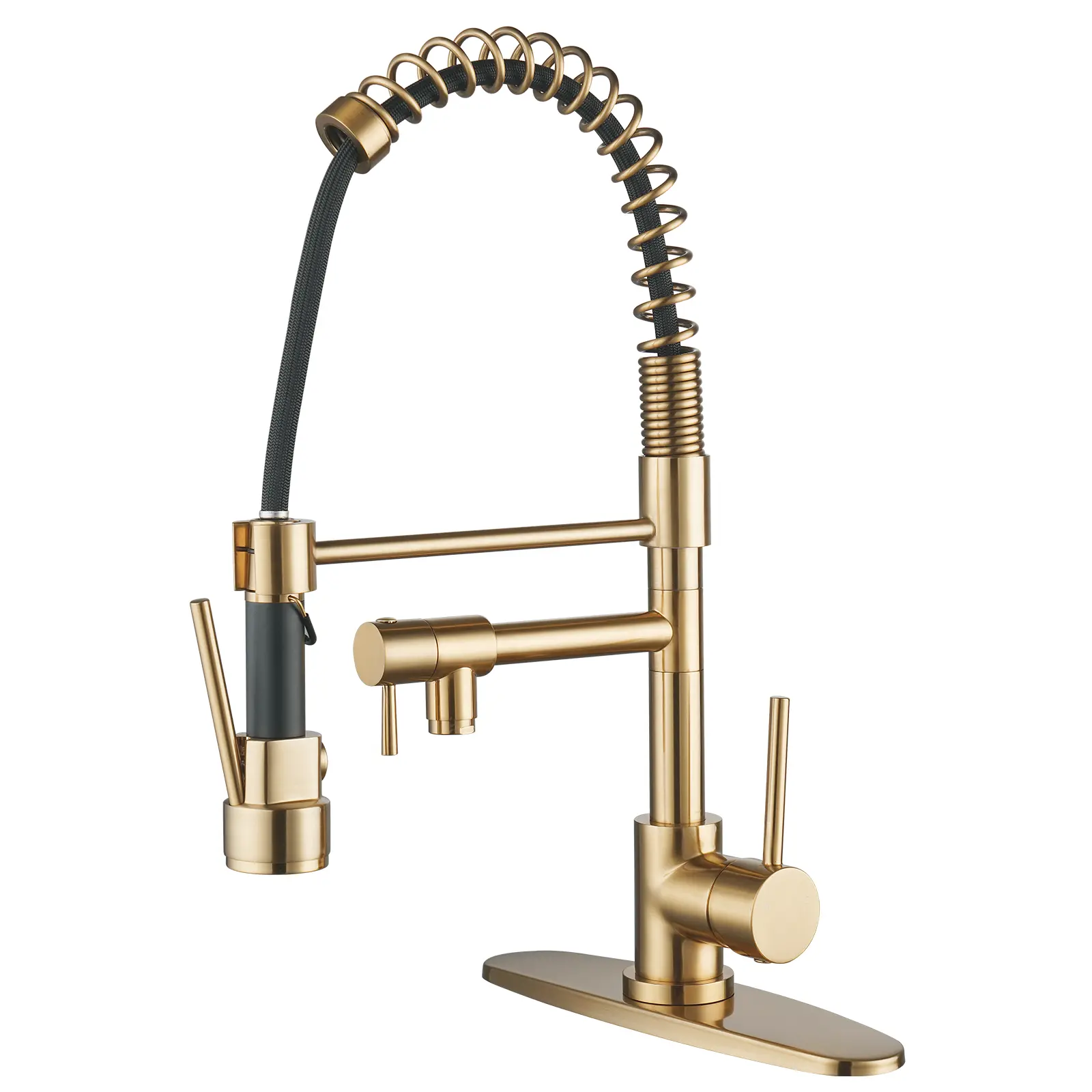 WOWOW Single-Handle Modern High Arc Kitchen Faucet - 23.6 in Solid Brass Brushed Gold Model, ABS Pull-Down Spray Wand with 2 Independent Nozzles, Advanced Spray Modes, 360° Swivel Aim, High Arc Faucet