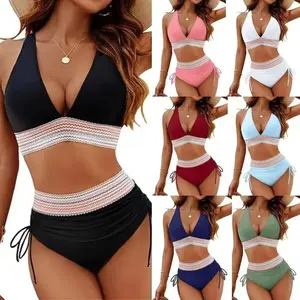 Women's Colorblock Bikinis Set, Casual V Neck Sleeveless Bikini Top amp; Ruched Tie Side High Waist Swim Knicker, Bathing Suits, Swimsuits for Women, Ladies Summer Swimwear for Beach Holiday Vacation