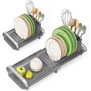Expandable Compact Dish Drying Rack, Slim Extendable Stainless Steel Dish Drainer, Space Saving Dish Strainer for Kitchen Plate Storage, Fits Sink or Home Countertop, Gray