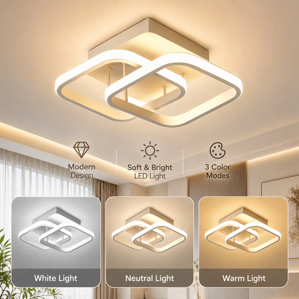 Modern Square LED Ceiling Lamp - Ceiling Mount, 3 Color Temperature Flush Install Eye-Caring Light, Bright for Living Room Bedroom, Easy-Install Home Indoor Decor (USB & Mobile Lights Accessory), Led Lamp