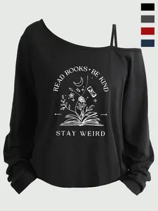 Plus Size Women's Loose-Fit Long Sleeve Cami Top, Asymmetrical Neckline, Letter Print, All Seasons, Sizes 1-8xl