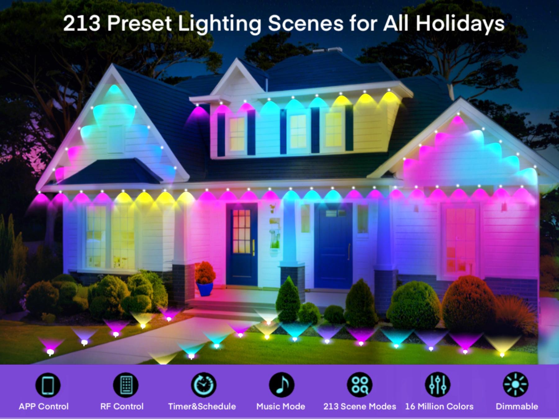 33ft/54ft Permanent Outdoor RGB LED Lights - IP67 Waterproof Exterior Lighting Fixtures with Smart App Control, Remote, DIY Scene Modes, Music Sync, USB Cable, Cells for Garden, Christmas Decor