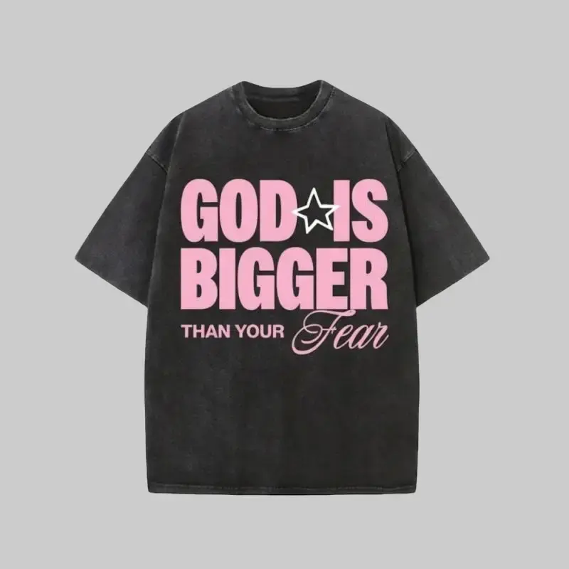 Vintage Acid Wash God Is Bigger Than Your Fear Christian Oversized T Shirt Pink Graphic Tee Coquette Streetwear Hardcore Gym Pump Cover Powerlifting Faith Based Jesus Y2K Distressed Mental Health Heavyweight Cotton Women Men Top