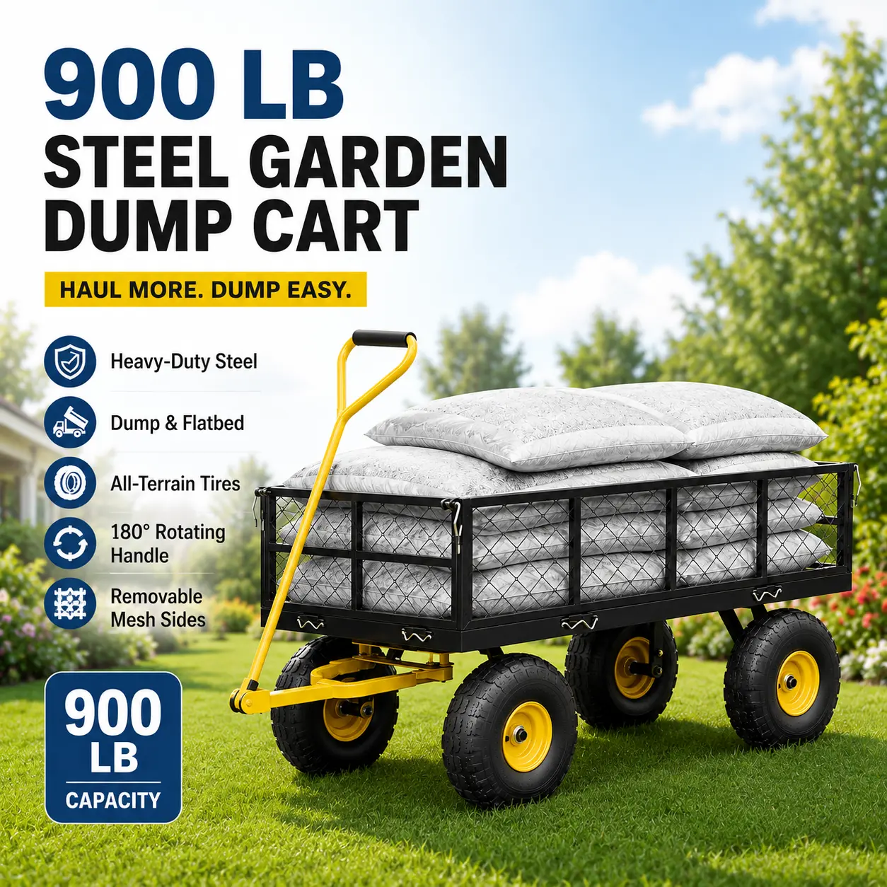 900 lbs Steel Frame Garden Dump Cart - Heavy Duty Utility Wagon with 10" Pneumatic Tires