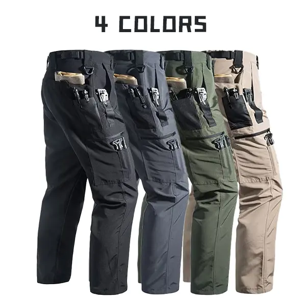 Men’s four-color tactical cargo pants with multiple zippers, waterproof straight-leg design for outdoor work, mountaineering, and functional utility wear