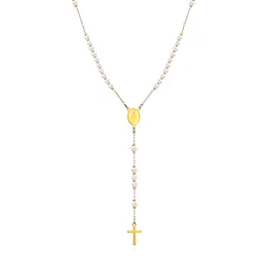 Women's Stainless Steel Virgin Mary Cross Imitation Pearl Beaded Long Necklace in Gold Color