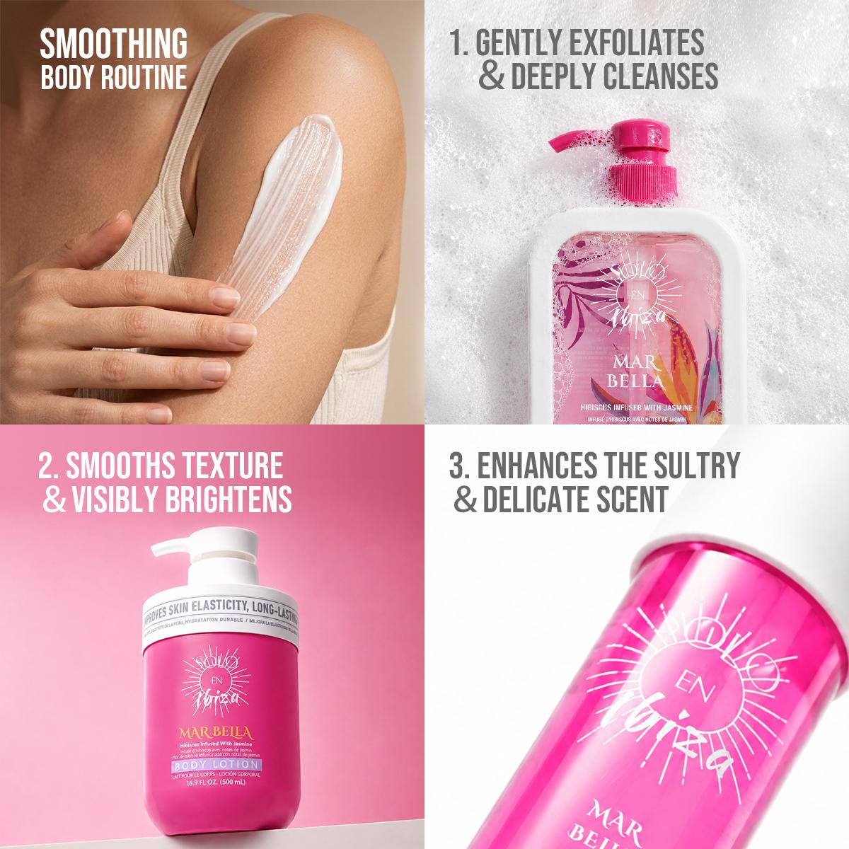 SOLO EN IBIZA Mar Bella 3-Piece Bath & Body Layering Set, 6.1 fl oz (180ml) Fragrance Mist & 16.9 fl oz (500ml) Body Lotion & 16.9 fl oz (500ml) Body Wash, Long-Lasting Pitaya, Lychee & Jasmine Scent