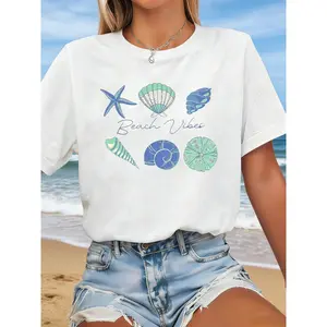 Women's Plus-Size Shortsleeve Round Neck Fitted T-Shirt - Nautical Ocean-Themed Streetwear Top with Starfish & Shells Print, Comfortable Casual Top for Daily Wear, Beach Vacations