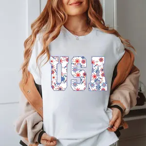 [Sale Up To 45%] USA Floral T-Shirt, Bold Patriotic Lettering with Red White Blue Flowers, Perfect for Independence Day, Festive & Stylish Look