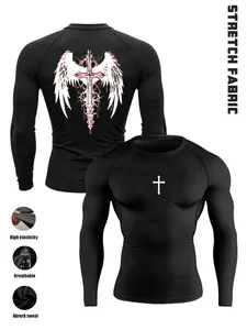 Men's Cross Print Round Neck Sports T-Shirt, Athletic Compression Shirts, Quick-Dry Long Sleeve, Perfect for Autumn and Winter, Comfortable Sporty Top, Stretch Fabric Activewear