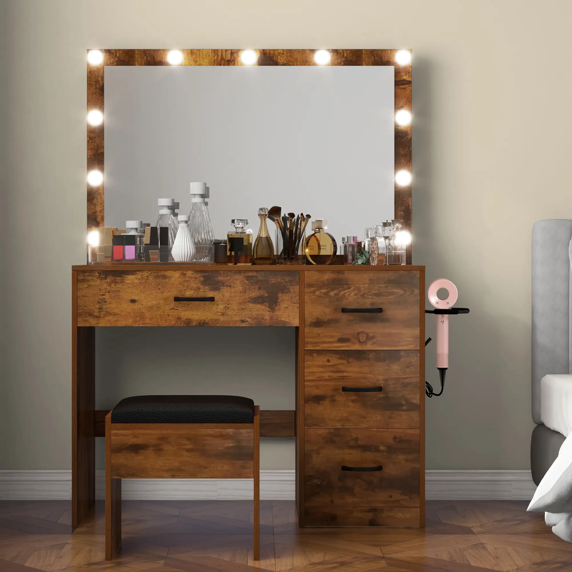Yitahome Makeup Vanity Desk with Large Lighted Mirror Power Outlet LED Strip, 3 Color Lighting Modes with Adjustable Brightness, 4 Drawer Vanity Table