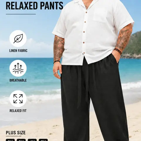 Plus Size Men's Trendy Casual Loose Fit Pants, Drawstring Waist and Pocket Design, Linen Fabric, Suitable for Spring and Fall Daily Wear, Casual Beach Pants, Breathable Summer Streetwear