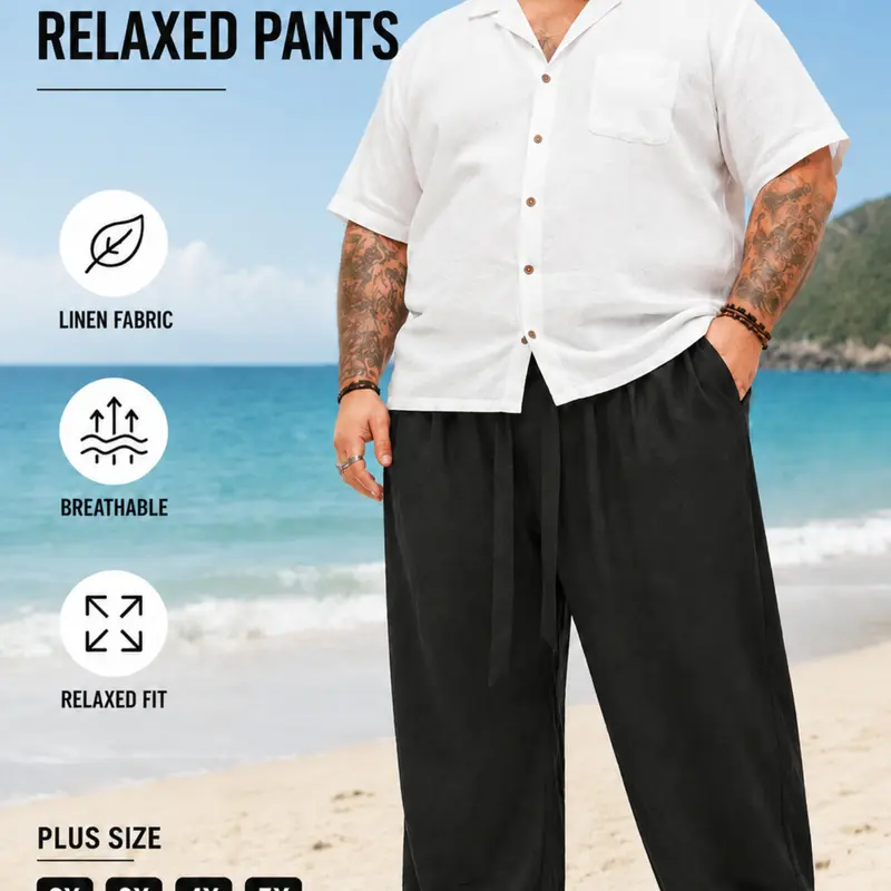 Plus Size Men's Trendy Casual Loose Fit Pants, Drawstring Waist and Pocket Design, Linen Fabric, Suitable for Spring and Fall Daily Wear, Casual Beach Pants, Breathable Summer Streetwear