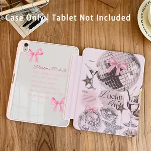 1PC Pink Disco Ball Bow Lucky Girl Bible Verse Pattern Tablet Case, Auto Wake/Sleep Y-Shaped Trifold Stand Protective Shell With Pencil Holder, Compatible With iPad Pro 11"/Air 11"/13" M3/10th/9th/8th/7th Gen/Air 4/5/10.9"/10.2"/9.7"
