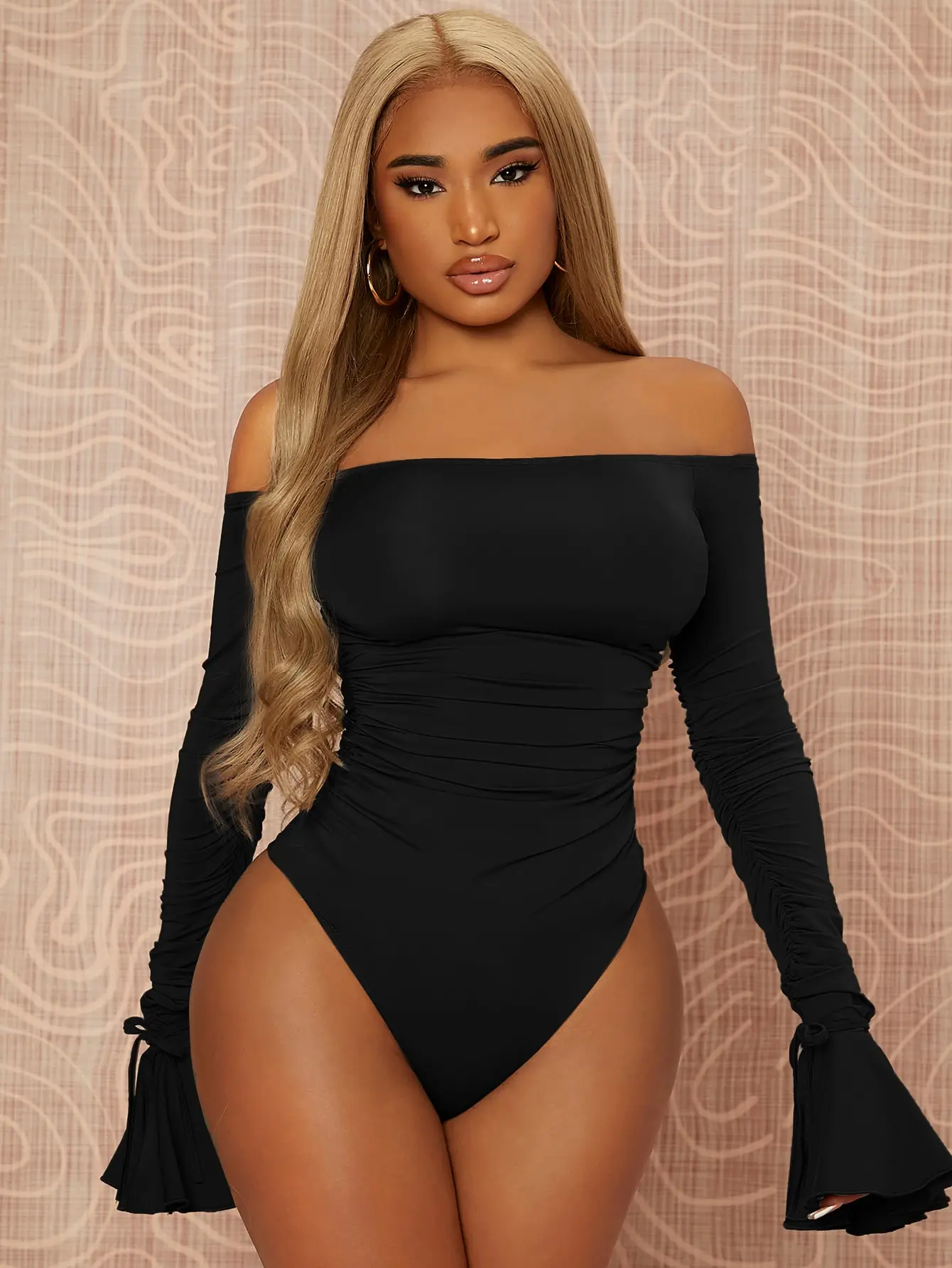 Off Shoulder Flare Sleeve Ruched Bodysuit
