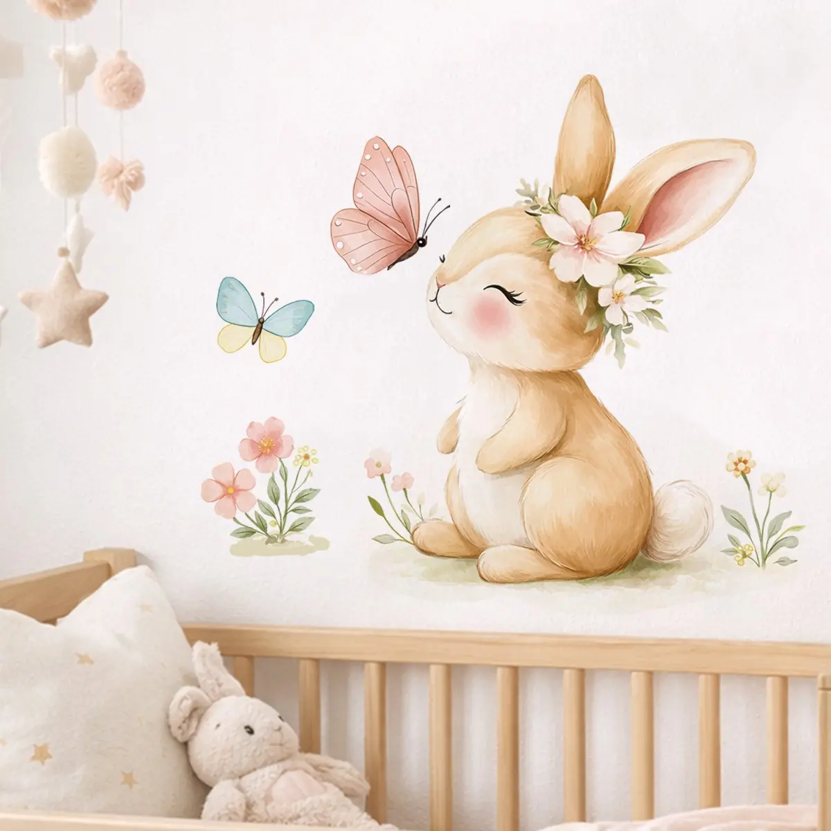 Watercolor Rabbit Butterfly Wall Decals, Cute Bunny Floral Vinyl Stickers,Removable Wall Art for Nursery Girls Room LivingRoom-SpringEaster Decor Home Classroom Daycare, Waterproof Decal