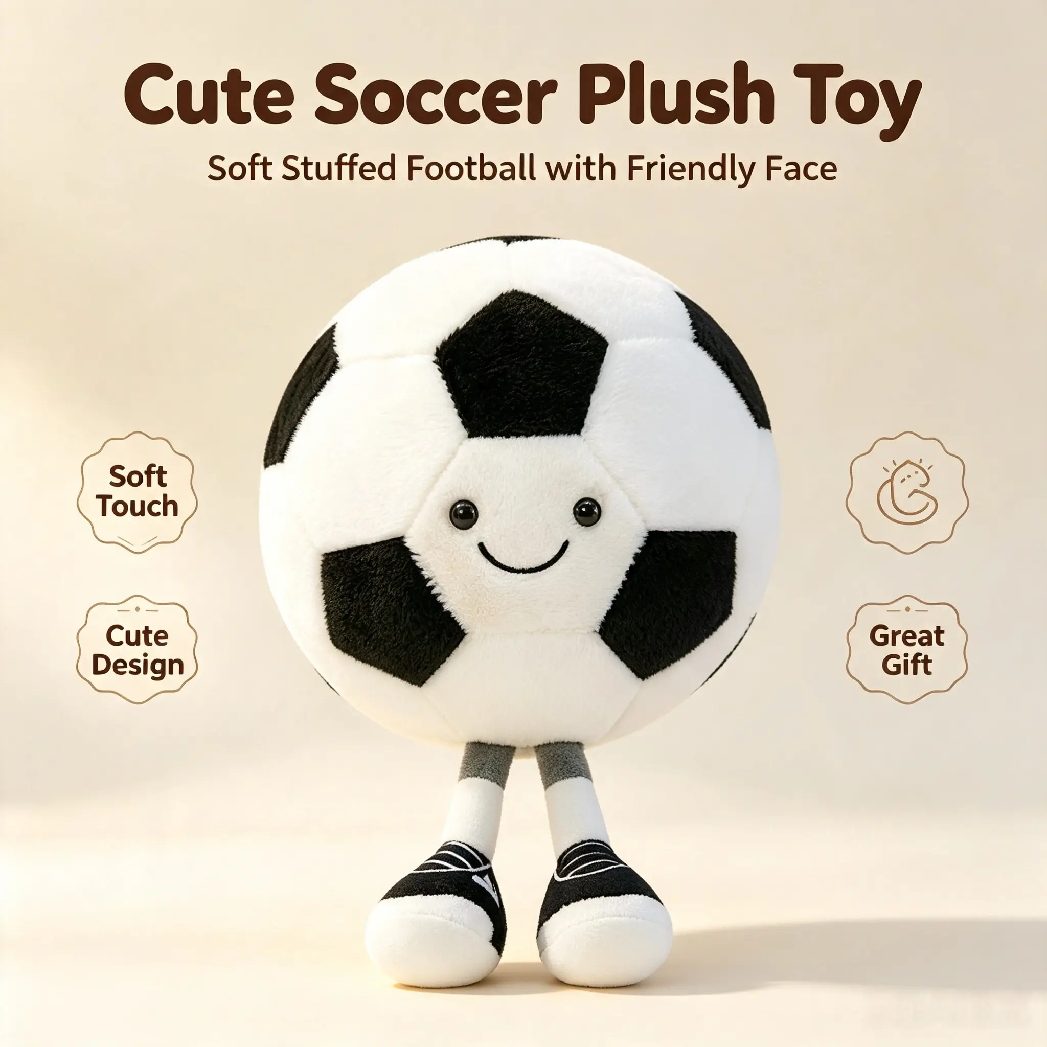 Soccer Ball Plush, Soft Stuffed Soccer Plush Toy with Cute Legs, Creative Spherical Throw Pillow Decor, Fun Soccer Plush Doll, Perfect Christmas Birthday Kids Soccer Gift