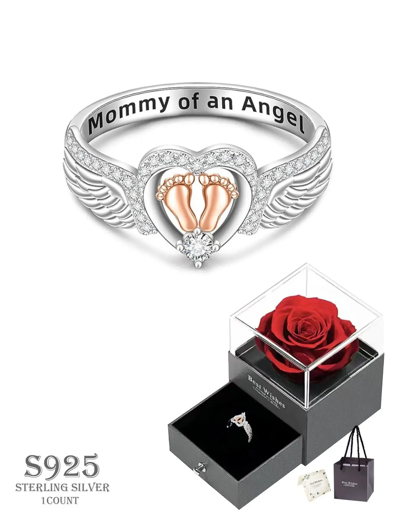 S925 Sterling Silver Angel Wing Design Artificial Gemstone Ring, Rhinestone Decorated Heart Shaped Ring, Heart & Footprint Decor Wedding Ring, Fashion Jewelry Accessories for Women, love ring, Wedding Engagement Ring, Engagement Wedding Rings