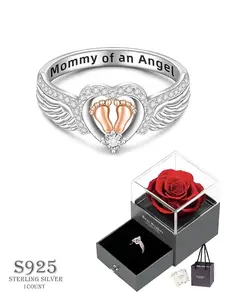 S925 Sterling Silver Angel Wing Design Artificial Gemstone Ring, Rhinestone Decorated Heart Shaped Ring, Heart & Footprint Decor Wedding Ring, Fashion Jewelry Accessories for Women, Wedding Engagement Ring