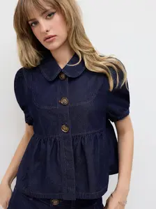 Denim Peter Pan Collar Ruched Puff Sleeve Blouse