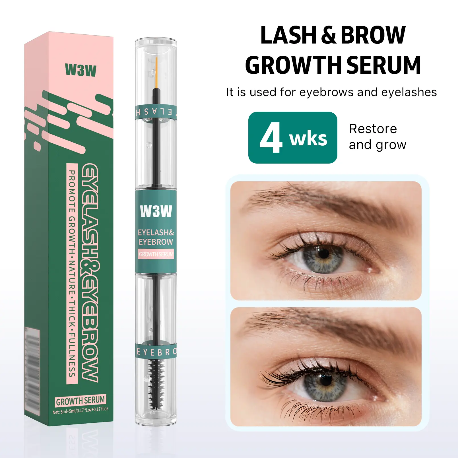 W3W 2-in-1 Lash & Brow Enhancing Serum Dual-Ended Peptide Booster for Visibly Thicker, Longer Looking Lashes & Brows