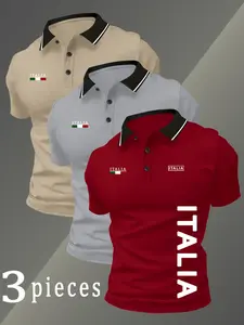 Men's Quick-Dry Polo Shirt Set, Italian Element Print, Breathable Comfort, Casual Fashion Lightweight, High-Quality Stretch Fabric