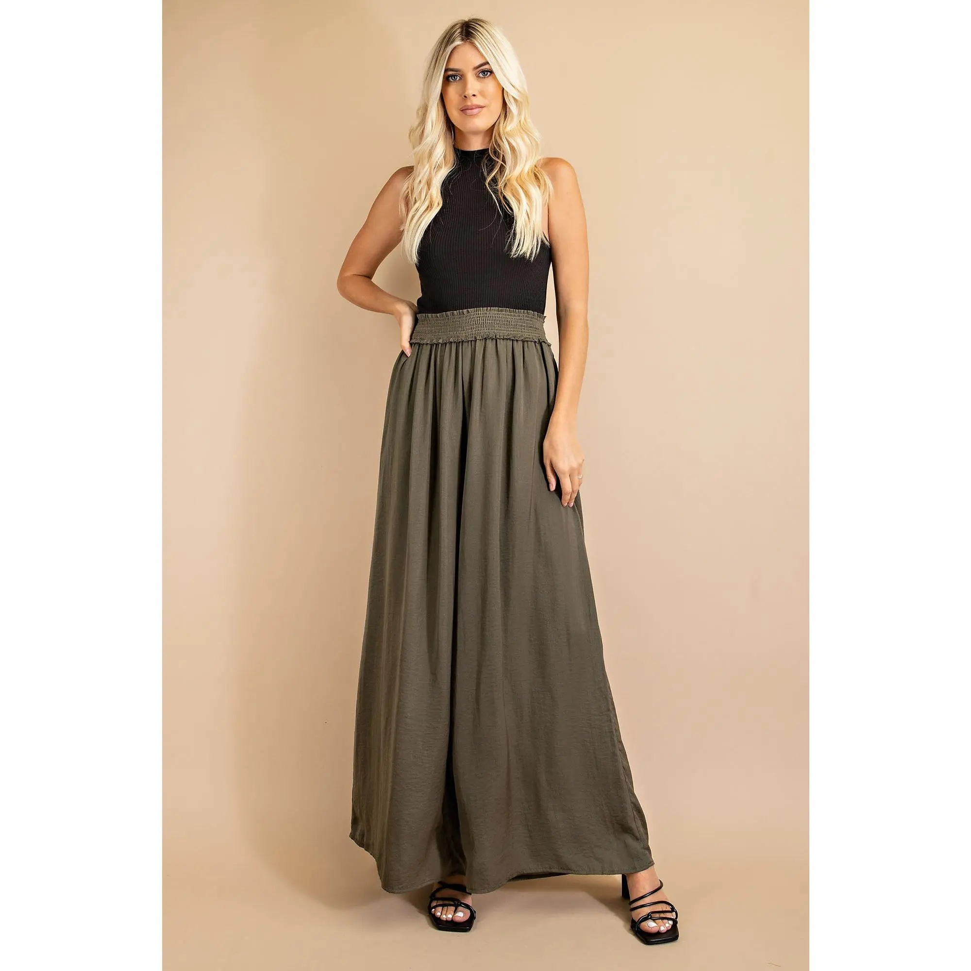 Emilia Satin Palazzo Pants - Olive
