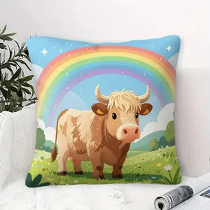 Rainbow Sky Highland Cow Print Throw Pillow with Insert, Plump Supportive Soft Touch, Indoor Home Decoration, Cute Housewarming Birthday Gift, Versatile Present for All Ages