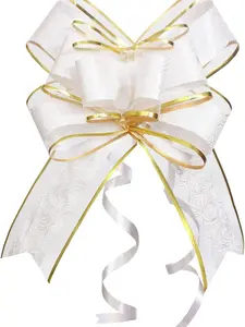 Pull Bows for Gift Wrapping, 15 PCS Large Gift Bow Bulk for Presents Package, Gift Baskets, Christmas, Wedding, and Party Decor (White with Tulle & Gold line, 6 inches)