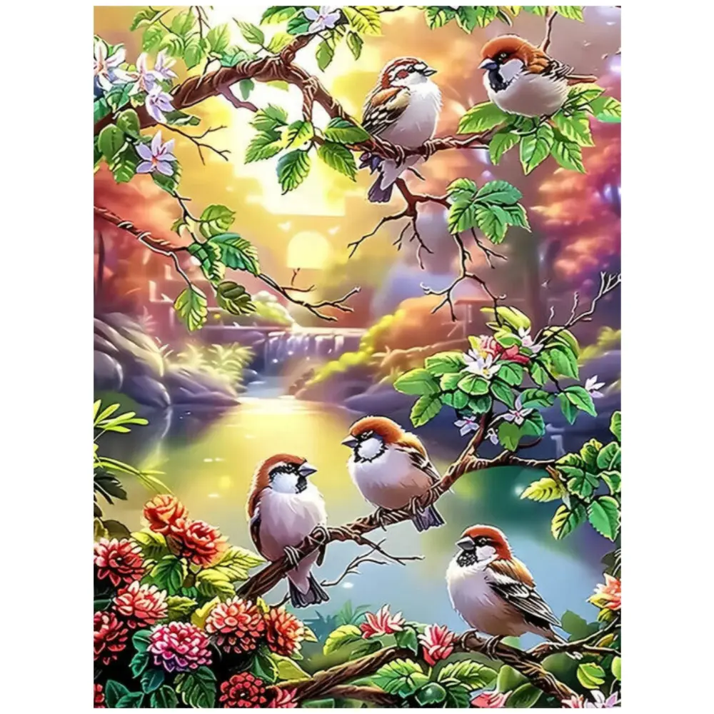 Sparrows Perched on Branches by Forest Stream, Multiple sizes available including square and round diamonds. This 5D DIY diamond painting set diamond art embroidery kit handmade furniture decor holiday birthday art personalized gift.