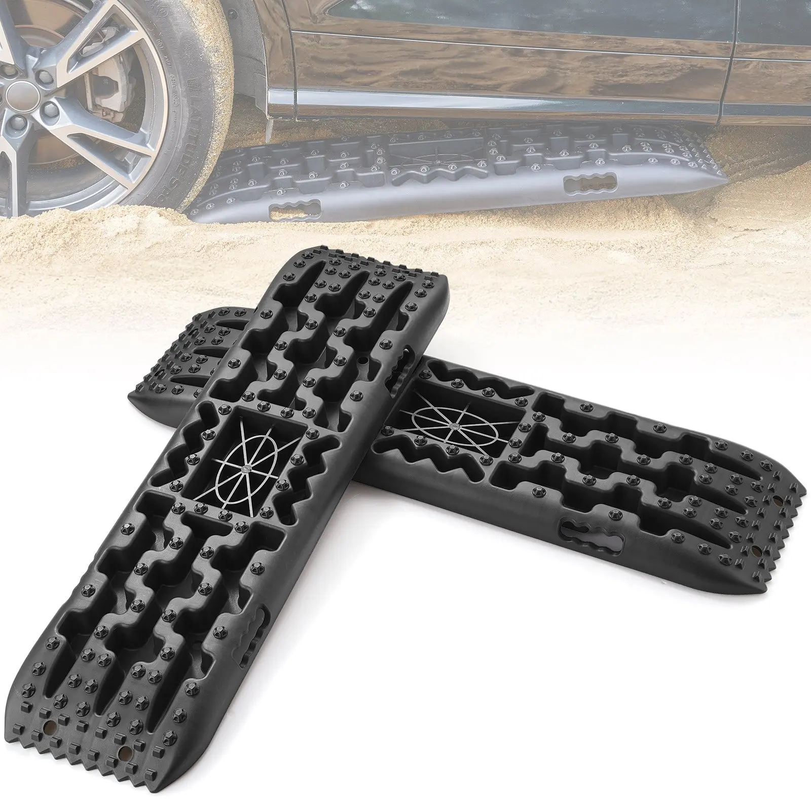 【DealsForYouDays】VEVOR 10 TON Traction Boards with PP Material, Recovery Boards for Off-road Vehicles/Cars/Pickups/SUVs/RVs, Pair Tire Traction Mats on Snow, Sand, Mud and Loose Terrain, Storage Bag, Long, Black