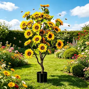 Faux Plants3-foot sunflower artificial tree potted, UV-proof, no need to water, realistic yellow flowers, very suitable for display in porch, living room and outdoor space.