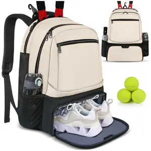NEW Large Capacity Tennis Backpack Sports Racket Pack Holds 1-2 Tennis Rackets Outdoor Badminton Bag With Shoe Pocket Beige