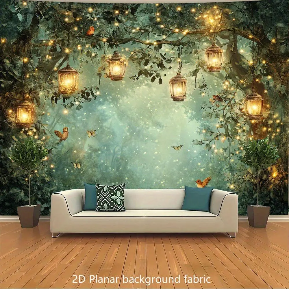 1pc 2D Flat Enchanted Nighttime Forest Tapestry - Magical Woodland Wall Decor Backdrop with Glowing Lanterns,Birds,Self-Adhesive for Birthday,Photo Booth Parties - No Electricity Needed White Textile Decor