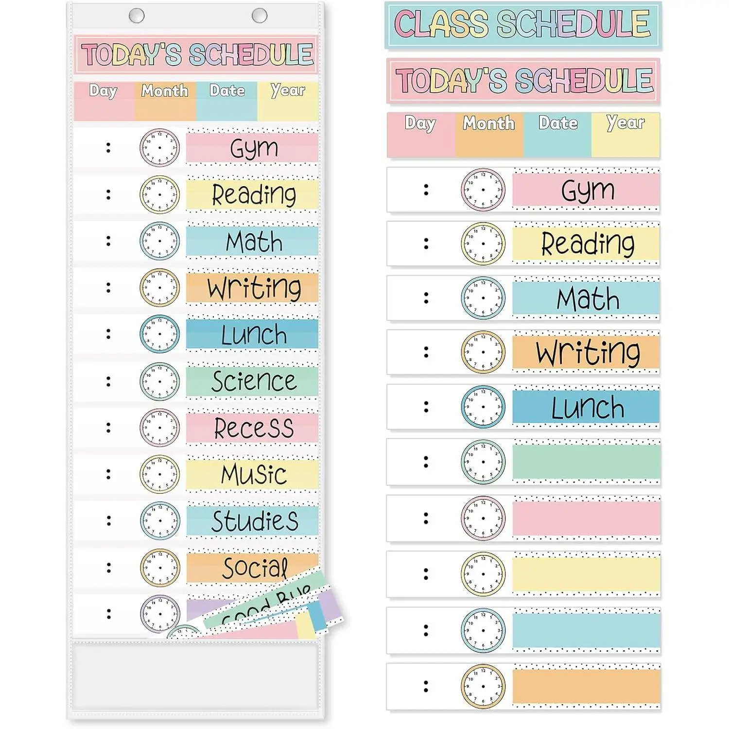 Pastel Daily Schedule Pocket Chart 13 x 35.5 In Colorful 13 + 1 Pocket Visual Schedule Chart Board with 24 Card for Classroom  Office Supplies
