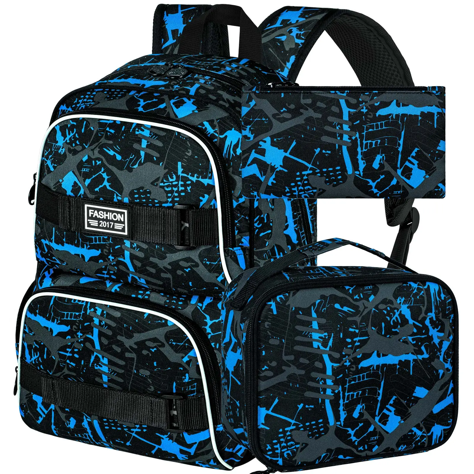 17 Inches Backpack for Boys Men, 3Pcs College Laptop Backpacks with Lunch Bag, Water Resistant Graffiti School Bookbag Set for Teens Students(Blue)
