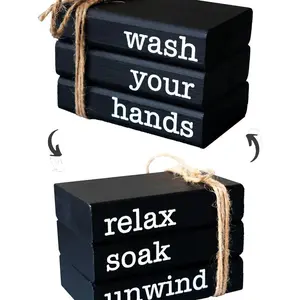 Farmhouse Mini Book Stack for Bathroom Decor - 2 Signs in 1 Reversible Wooden Mini Books for Restroom Shelving