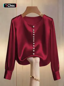 Women's Fashion Fitted Long Sleeve Top, Elegant Glossy Satin Round Neck Blouse Shirts, Suitable for Casual and Formal Office Commute