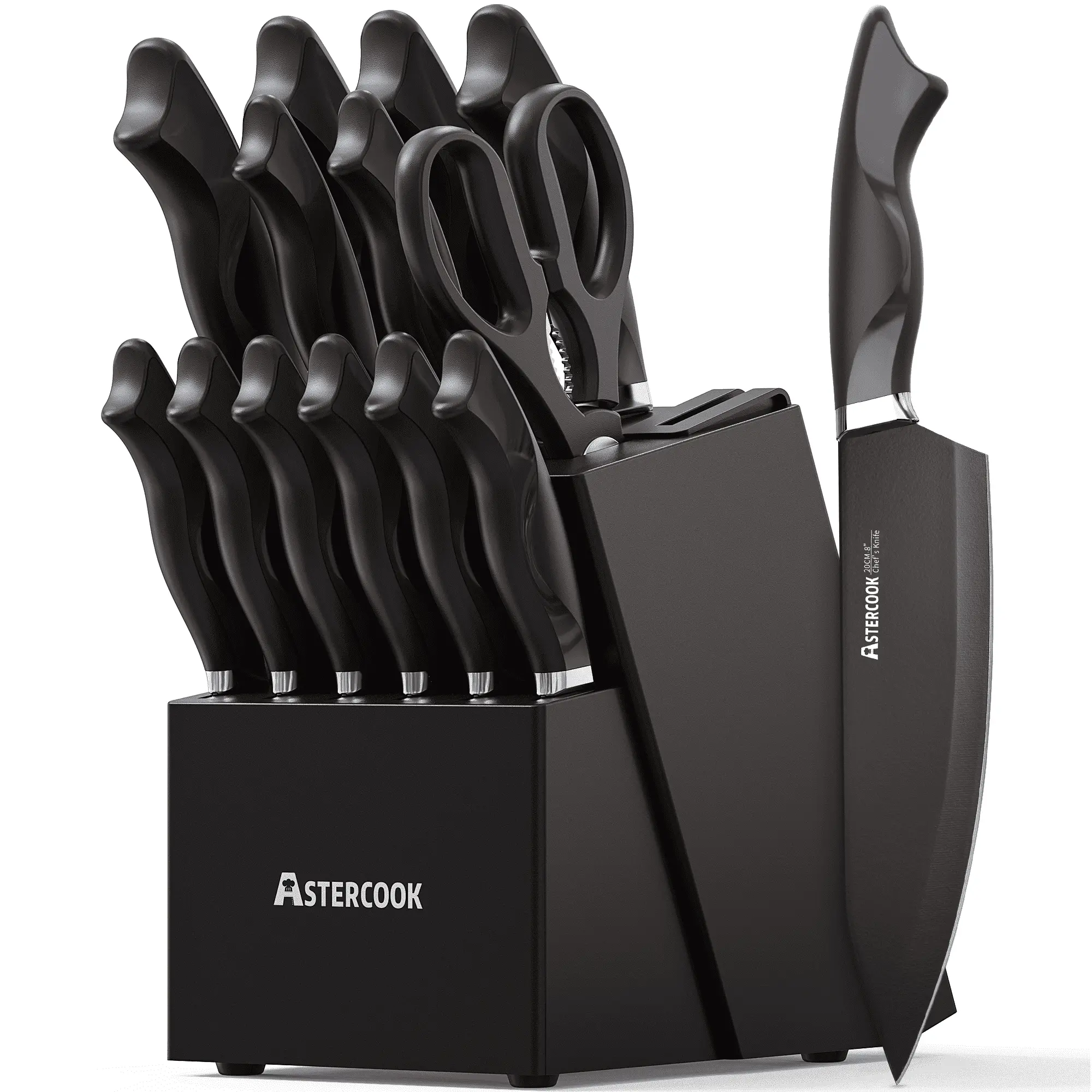 Astercook Knife Set, 15-Piece Kitchen Knives Set with Built-in Sharpener, German Stainless Steel Knife Block Sets with Anti-Rust Coating & PP Ergonomic Handle, Dishwasher Safe Black