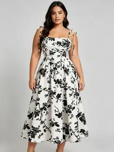 Plus Size Women's Base Polka Dot Strapless Dress, Waist Cinched A-Line Midi Dress, Summer Fashion Chic, Casual, Office, Date, Vacation