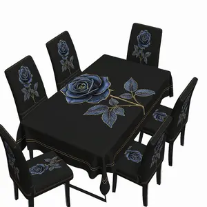 5/7-piece black and blue rose dining table and chair set, featuring a beautifully patterned tablecloth and chair covers, a modern and minimalist dining room décor.