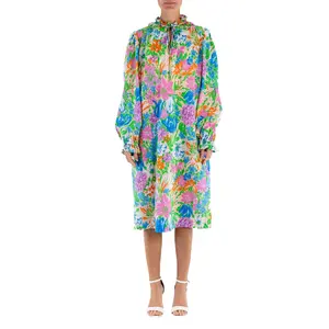 1960S BERGDORF GOODMAN White Cotton Purple And Blue Floral Dress With Sleeves