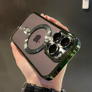Luxury Transparent Magsafe Wireless Charging Case for iPhone 17Air 17 11 12 13 14 15 16 Pro Max Plus Magnetic Soft Silicone Cover Matte Purple Gradient Glitter Bling Shockproof Protection