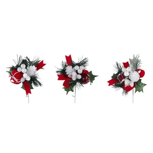 Bag of 12 – 7" Apple, Drum, Present, Berry, and Pine Picks – 3 Assorted Styles in Red and White